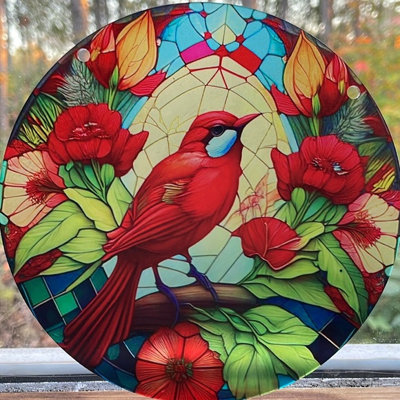 Acrylic Suncatcher Red Bird Floral Home Garden House Cabin Decor Gifts - Picture 1 of 3